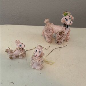 Adorable vintage MCM  spaghetti Pink Poodle Figurine Set rhinestones !